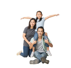 Wall Mural - Happy smiling young asian family with neck playing sitting on floor and have a fun time together, Full body isolated background