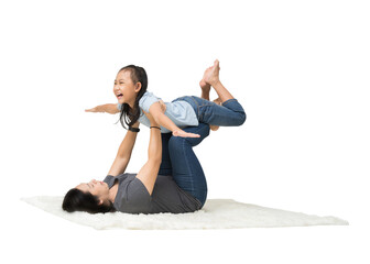 Wall Mural - Happy family daughter play his mom on floor, isolated on background