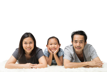 Wall Mural - happy family portrait smiling young asian lying on floor have a fun time together, Full body isolated background