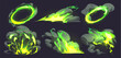 © klyaksun - Toxic green comic fire with smoke effect cartoon illustration set. Bomb or energy explode with cloud flame after magician spell vfx icon. Boom explosion vortex clipart pack. Fantasy glow collection