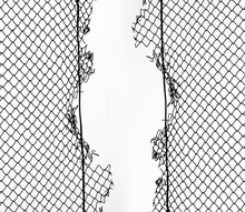 Opening In Metallic Net Fence. Isolated On White Background. Challenge. Uncertainty. Breakthrough Concept. Freedom Concept. Chainlink, Wire Netting, Wire-mesh. Illustration.