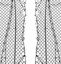 Opening In Metallic Fence Isolated On White Background . Challenge. Uncertainty. Breakthrough Concept. Metaphor. Chain-link, Wire Netting, Wire-mesh, Fence.barbed Wire. Illustration.