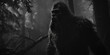 © JoelMasson - Black and white portrait of a Bigfoot wood ape in a North American forest at night. Sasquatch in the woods banner. Generative AI illustration