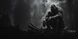 © JoelMasson - Black and white portrait of a Bigfoot wood ape in a North American forest at night. Sasquatch in the woods banner. Generative AI illustration