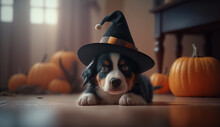 Cute Dog Laying On Floor In Living Room  And Wear Halloween Hat And Dress With Ghost Pumpkin To Celebrate Festival, Trick Or Treating, Generative AI