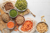 A variety of fusilli pasta from different types of legumes. Gluten-free pasta.