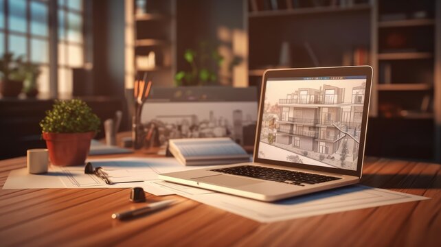 Workplace of an architect, interior designer, engineer. Laptop with a project on the monitor, blueprints, drawing tools and home decor on the table. Remote work concept. Mockup, 3D illustration.