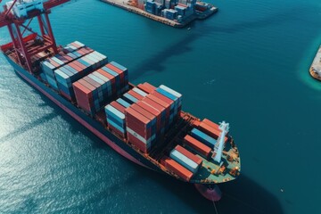 Aerial view of a cargo container ship. Fully loaded container ship against the background of a cargo terminal in a seaport, port cranes, railroads. Global freight logistics concept. 3D illustration.