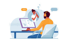 Call Center Concept With People Scene In The Flat Cartoon Design. A Call Center Employee Listens To A Client On The Phone. Vector Illustration.