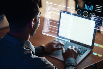 Poster - Hologram, programming and man with a laptop, code and typing with data software, stock market and analytics. Male person, programmer and developer with a pc, database and investment with a screen