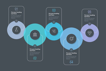 Wall Mural - Circular process infographic template with five steps - dark version. SImple chart design for workflow layout, diagram, banner, web design.