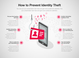 Leinwandbilder - Infographic template for how to prevent identity theft. 6 stages template with a fishing hook stealing someone personal information from his smartphone as a main symbol.	