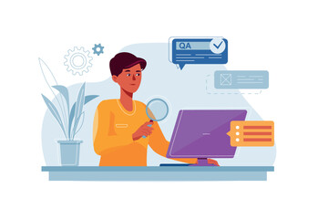 QA engineer concept with people scene in the flat cartoon style. A computer engineer monitors all stages of programmers' work. Vector illustration.