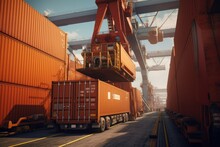 Port Cargo Terminal, Transport Hub. Port Cranes Reload Cargo From A Sea Vessel Into Railway Freight Cars For Further Transportation. Global Freight Transport And Logistics Concept. 3D Illustration.