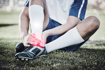 Canvas Print - Injury, soccer player or hand of a man on foot pain, emergency or accident in fitness training. Sports, problem or football athlete with muscle inflammation, broken leg or swollen ankle on field