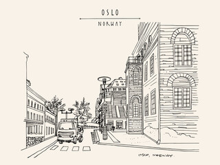 Wall Mural - Vector Oslo city, Norway travel postcard. Street in Norwegian capital downtown. Artistic Scandinavian travel sketch. Hand drawn vintage retro touristic town poster illustration