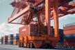 © Georgii - Huge port crane and cargo platform with containers on a cargo pier. Stacks of containers ready to be loaded onboard a container ship. Global transportation and logistics concept. 3D illustration.