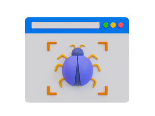 3d minimal software bugs. computer software error. application testing. web browser with a bug. 3d illustration.