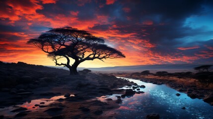 Poster - African savannah with baobab tree and water stream at sunset. Landscape of pine tree and colorful sky at sunset. Nature background. Beautiful landscape with cloudy sky and a tree in the foreground.