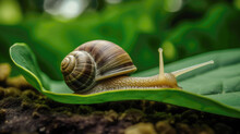 Closeup Of Snail Crawling On Leaf In Green Garden