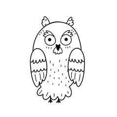 Wall Mural - Cute black and white owl character in cartoon style. Funny bird isolated on white background for coloring. Doodle outline owl print. Vector illustration