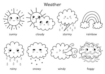 cute weather characters black and white set for kids. funny sun, clouds, rainbow clipart collection 