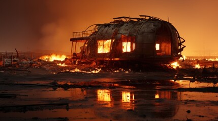 Poster - A burnt out train car sitting on top of a field. Generative AI image.