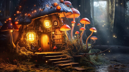 a small house made of mystical dream mushrooms. Generative AI