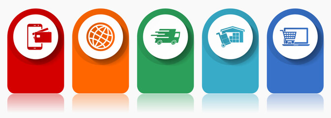 Poster - Commerce icon set, miscellaneous vector icons such as credit card, globe, truck, storage and online shop, modern design infographic template, web buttons in 5 color options