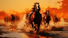 A Painting Of A Group Of Horses Running In The Water. Generative AI Image.