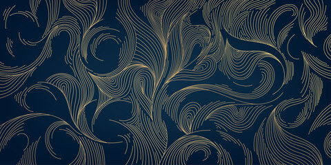 vector line gold pattern background, wavy hand drawn luxury art deco illustration. swirls, waves, le