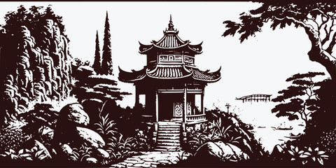 VIntage retro engraving style Chinese Japan Korean Asian temple tower with trees nature wild landscape. Background outdoor adventure vibe. Graphic Art Vector