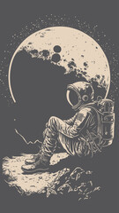 Retro Vintage Engraving Woodcut Linocut style space astonaut sitting on a moon surface. Lonely adventure explore future vibe. Can be used for decoration or graphic design. Graphic Art