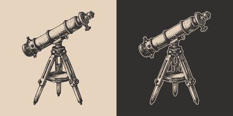 Set of vintage retro style telescope. Galaxt spave star planet watching. Science exploration vibe. Graphic Art
