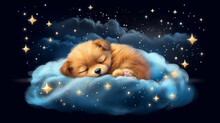 Cute Little Puppy Sleeping On A Cloud Isolated On A White Background Watercolor Drawing. Generative AI;