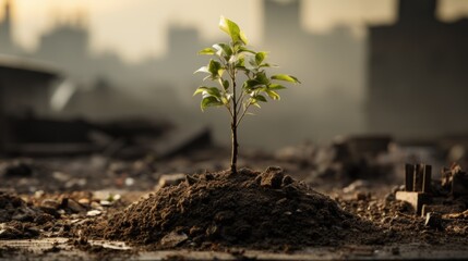 Poster - A small tree growing out of a pile of dirt. Generative AI image.