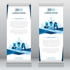 Professional roll up banner or retractable banner template with business people and cityscape artwork, Vertical signboard template, Trade show banner, Standee template, X-banner template, Flag banner