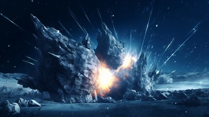 Wall Mural - explosion in space. fantasy cosmic landscape with ice floes, ice falling asteroids and sun. fantasy 