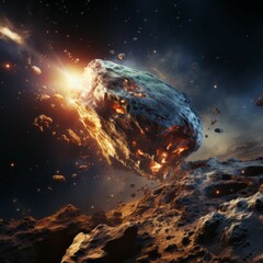 Wall Mural - abstract 3d rendering of collision burning asteroid in outer space with planet. massive cosmic aster