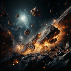 Collision burning asteroid in outer space with planet. Massive cosmic asteroid impacts in deep space. Epic Fiery explosion in space. Magic and fantasy Space background.