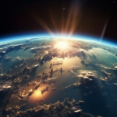 Wall Mural - view of the planet earth from space during a sunrise. ai generated