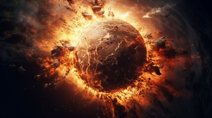 Burning planet in space. Fiery planet explosion in space. Collision of planets in space. Image of a planet in fire and smoke, 3d digitally rendered illustration.
