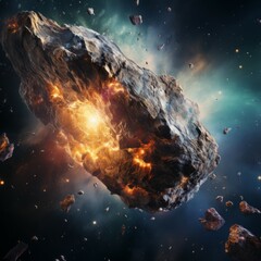 Wall Mural - hot burning asteroid flying in outer space. massive cosmic asteroid explosion in deep space. fiery e