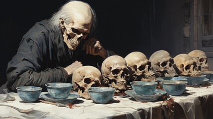 Canvas Print - A man sitting at a table with a bunch of skulls. Generative AI image.