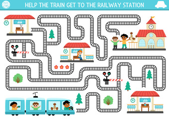 Wall Mural - Transportation maze for kids with railroad, driver, passengers. Urban transport preschool printable activity. Labyrinth game or puzzle with rails, stops, barrier. Help the train get to railway station
