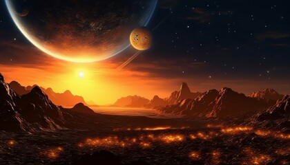 Wall Mural - fantasy alien planet in space with planets and stars. magical planet with a red-hot surface with a l