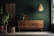 commode with décor in the interior of the living room, mock up of a dark green wall,. Generative AI