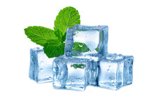 Crystal Ice Cubes With Mint Leaf Isolated On White Background.