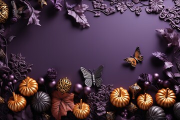 Wall Mural - Halloween flat lay composition with pumpkins, bony hands, spiders, bats on purple background. Modern Halloween background for a party invitation or poster, print.