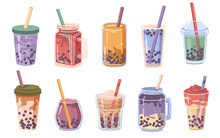 Bubble Milk Tea Design Collection, Cartoon Refreshing Drinks Of Different Tastes. Pearl Boba Milk Tea, Yummy Beverages, Coffees With Straw In Doodle Cartoon Style, Vector Illustration